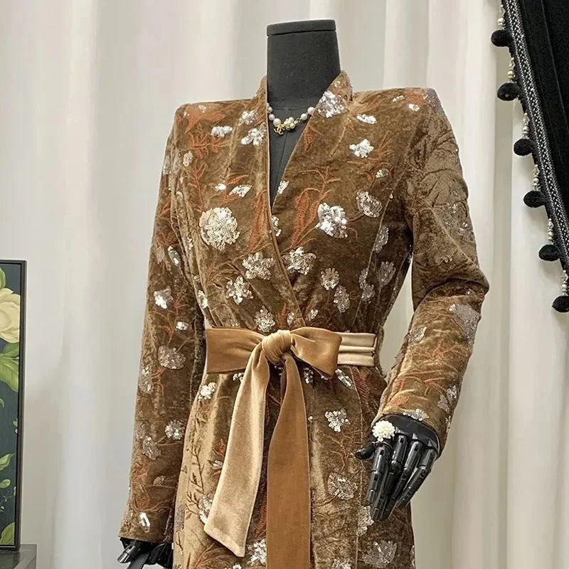 BESTBAFU Luxury Sequin Party Jacket Women Chinese Style Retro Embroidered Velvet Coat Winter v-Neck Belt Long Outerwears 261F