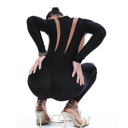 Sexy Mesh Hollow Patchwork Jumpsuit Long Sleeves Game Cosplay Bodysuit Women Performance Dance Costume Party Outfit
