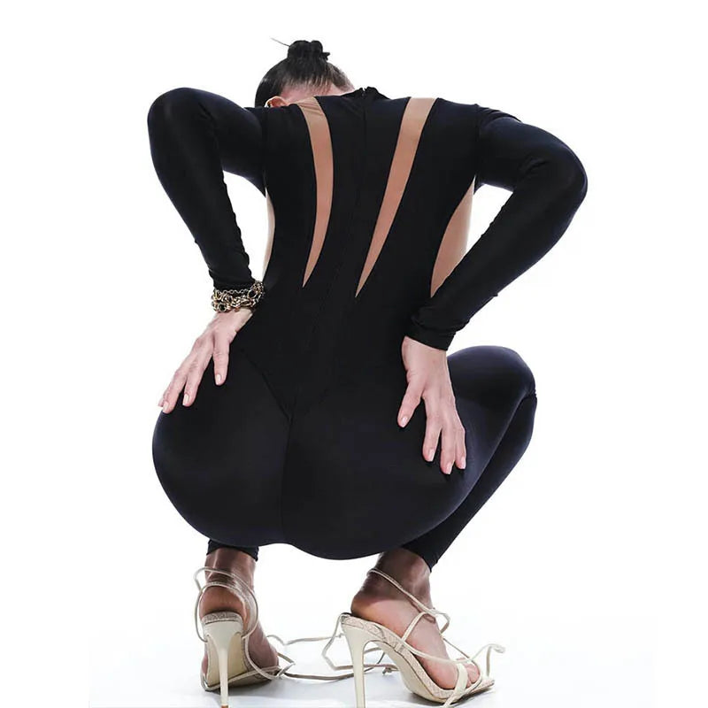 Sexy Mesh Hollow Patchwork Jumpsuit Long Sleeves Game Cosplay Bodysuit Women Performance Dance Costume Party Outfit