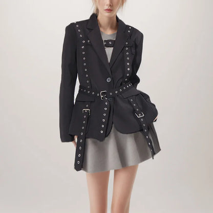 Solid Color High-End Coat 2025 Spring Summer New Trend Rivet Waist-Tied Long Sleeve Mid-Length Draped Small Blazer for Women
