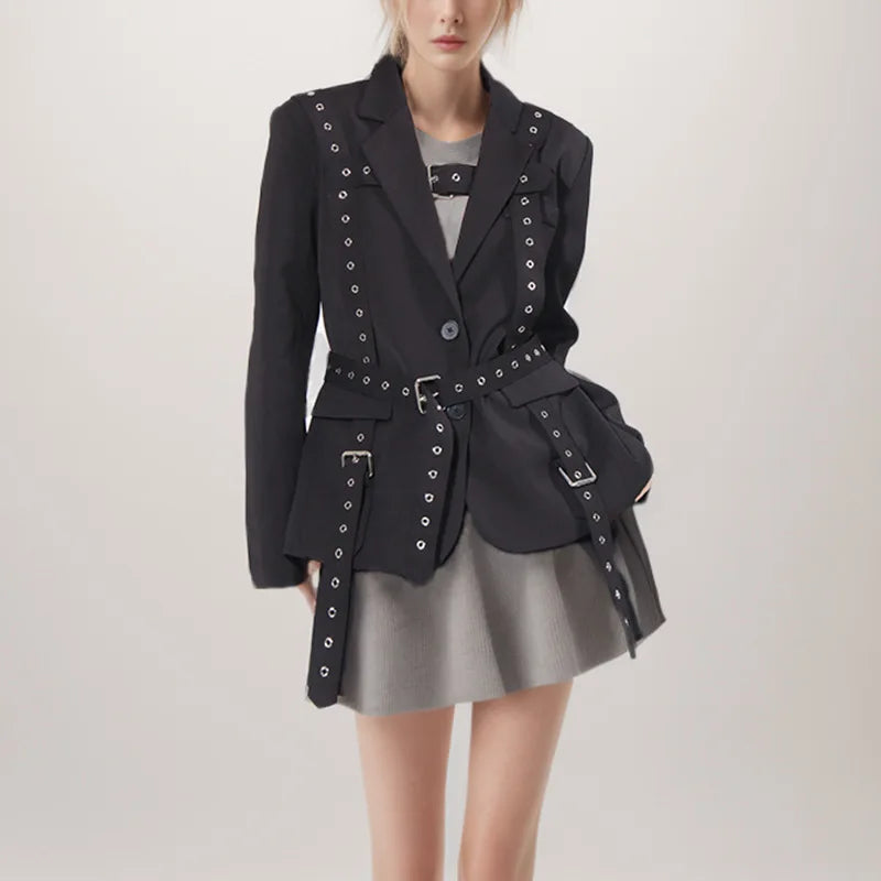 Solid Color High-End Coat 2025 Spring Summer New Trend Rivet Waist-Tied Long Sleeve Mid-Length Draped Small Blazer for Women