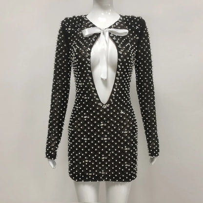 VC Pearl Sequins Hollow Out Short Dress For Women Sexy Long Sleeve Key Hole Bow Tie Diamond Beige Mini Evening Party Dress