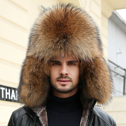 2025 Winter 100% Real Silver Fox Fur Bomber Hat Raccoon Fur Ushanka Cap Trapper Russian Men's Ski Hats Caps