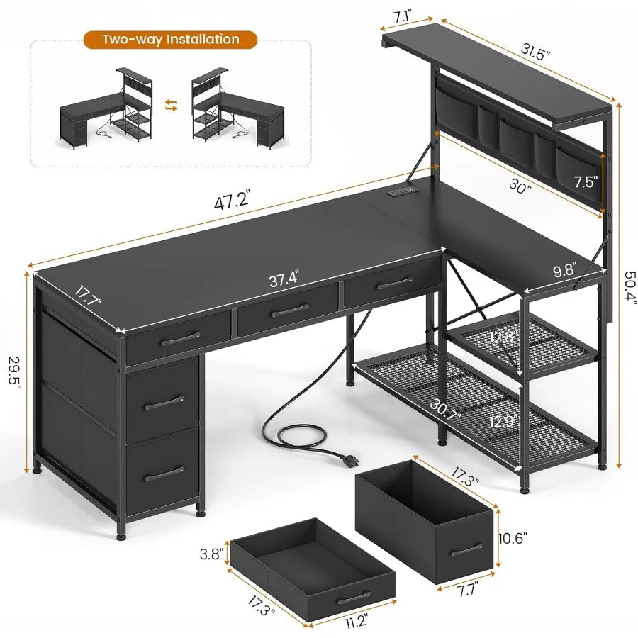 L Shaped Gaming Desk 47.2 Reversible Small Computer Desk with 5 Drawers and Storage Shelves Corner Gaming Desk with LED Lights - Kimlud