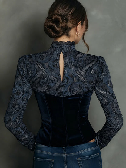 Sexy Lace Patchwork Vintage Printed Women's Shirt High Neck Hollow Out Slim Long Sleeve Chic Elegant Tops Single-Breasted Shirts