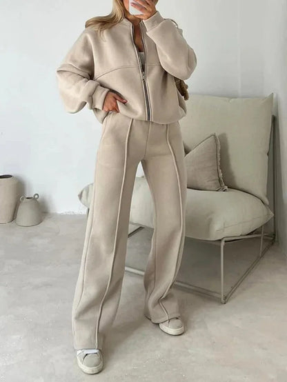 Tracksuit Women Two Pieces Pant Sets Sweatshirts Zipper Long Sleeve Straight Pants Drawstring Pocket Sports Autumn Winter