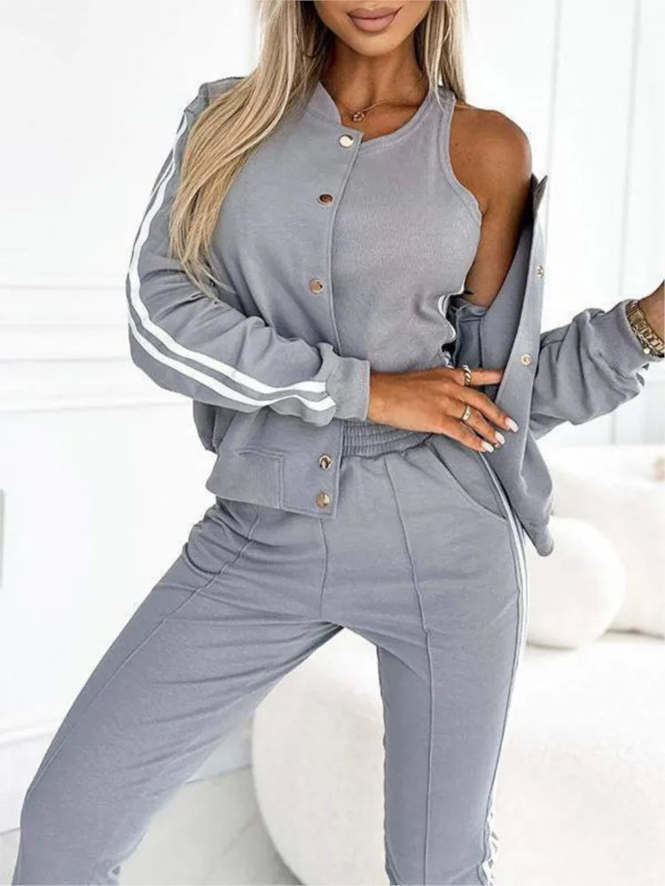 Autumn Three-Piece Set Women's Suit Striped Tape Patch Buttoned Jacket + Tank Top + Pants Sets Lady Sportswear Casual...