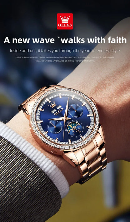 OLEVS 6695 NEW Men's Watches Full Multifunctional Dial Blue Leather Strap Calendar Week Moon Phase Waterproof Wristwatch...