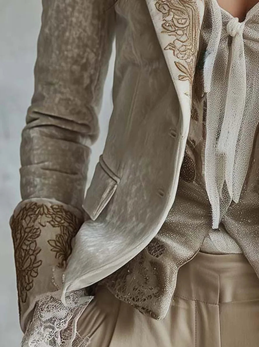 Gold Velvet Long Sleeve Suit with Pockets for Women Floral Print Bell Sleeve Street Style Casual Set No Taggings Universal Fit