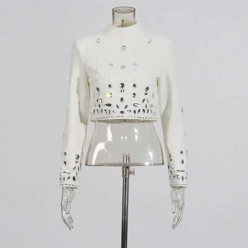 TWOTWINSTYLE Solid Spliced Diamonds Two Piece Set For Women Stand Collar Long Sleeve Tops High Waist A Line Skirt Set Female New
