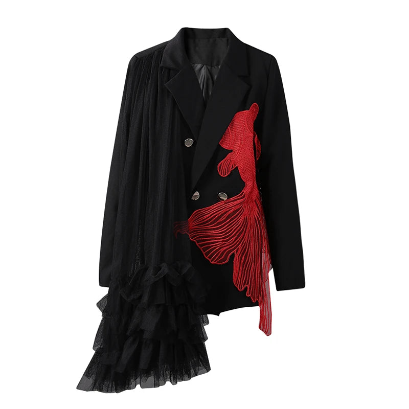 [EAM] Women Black Mesh Irregular Fish Spliced Big Size Blazer New Lapel Long Sleeve Jacket Fashion Spring Autumn 2025...