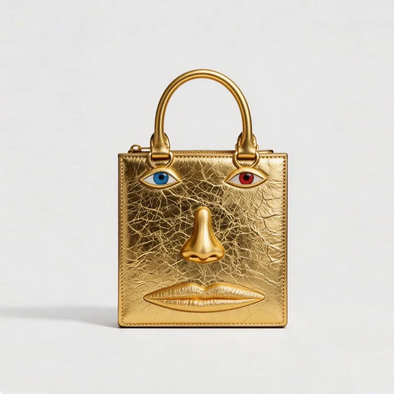 Face Bag Women High Quality Black Leather Luxury Brands Handbag Jewelry Eyes Gold-tone Metal Shoulder Strap Crossbody...