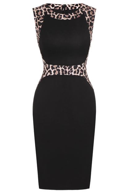 Womens Leopard Patchwork Crew Neck Sleeveless Cocktail Knee Length Business Casual Party Summer Pencil Bodycon Sheath Dress - Kimlud