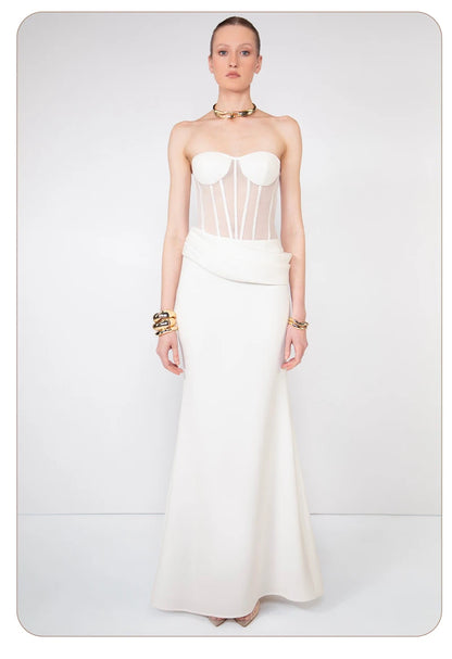 VC Elegant White Corset Simple Wedding Dress – Strapless Sheer Bodice Maxi Dress for Women Modern Minimalist Engagement Dress