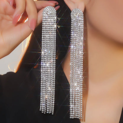 Silver Rhinestones Earrings for Women Sparkly Long Linear Dangle Earrings Dangle Tassels Statement Earrings Bridal Wedding