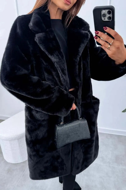 Autumn Winter Long Loose Pure Color Plu Rabbit Fur Coat with kets Women's plus Size Casual Outerwear Coat