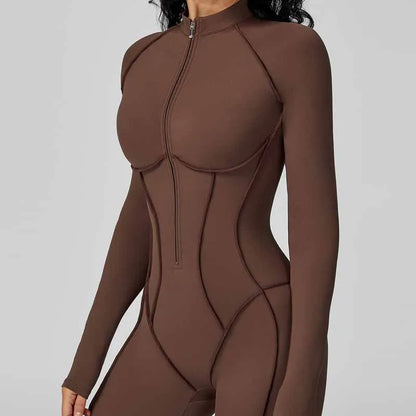 Yoga Bodysuit Long Sleeved Women's Tracksuits Gym Zipper Jumpsuits Sports Workout High-intensity Fitness One-piece Tights Suit - Kimlud
