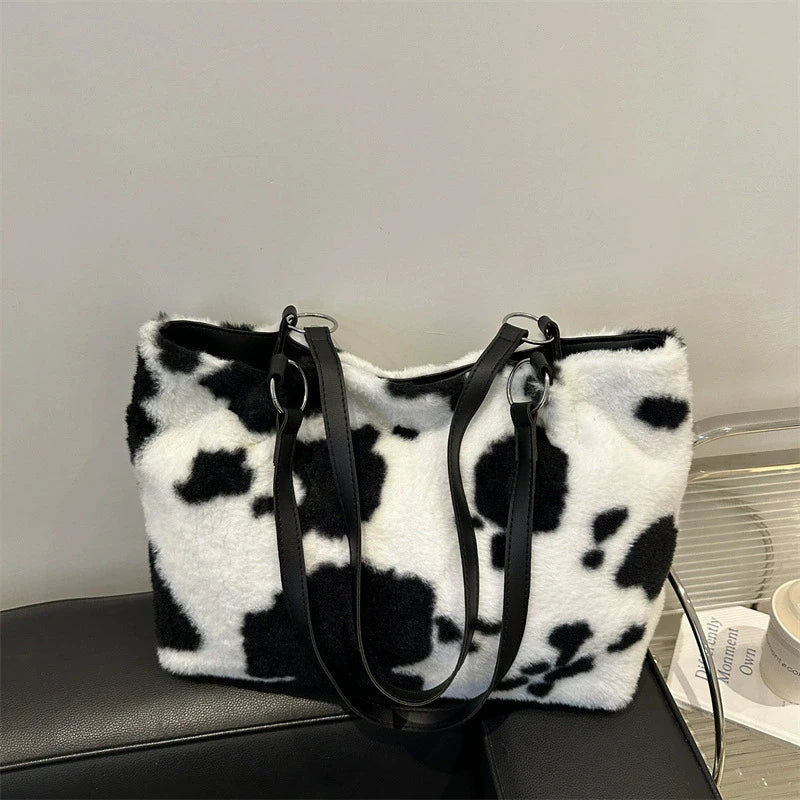 Large Capacity Shopper Bags For Women Winter Travel Tote Bag Cow Printing Plush Shoulder Bag Ladies Handbag Designer Bolsos