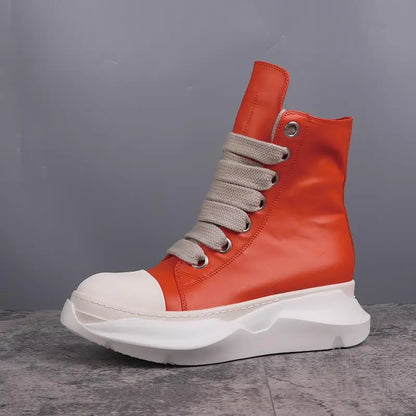 Men High Top Boots Casual Women Platform Heels Sneakers Leather Luxury Thick Lace Up Zip Autumn Black White Shoes