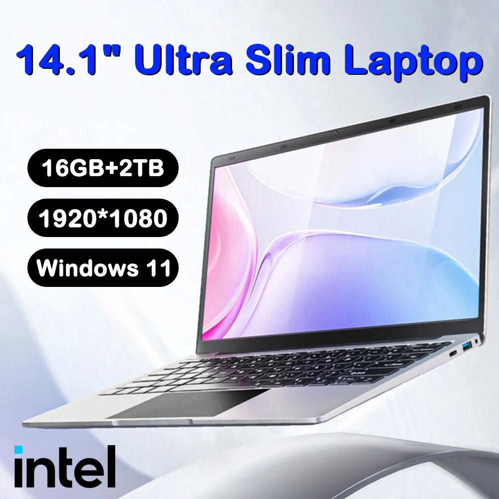 Ultra Slim Laptop 14.1" 16GB RAM 2TB SSD Intel N3700 Notebook Windows 11 Pro 1920*1080 Display Office Study Computer PC - Kimlud