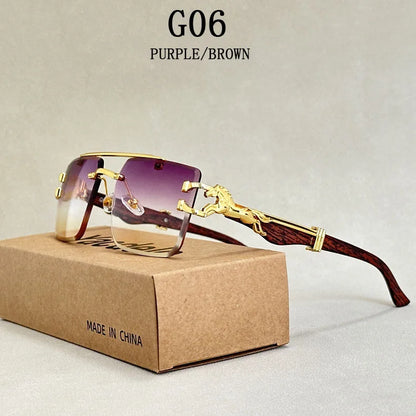 wood Grain Sunglasses Women Trendy 2024 Rimless Sunglasses Men Vintage Designer Fashion Glasses Lentes De Sol Mujer...