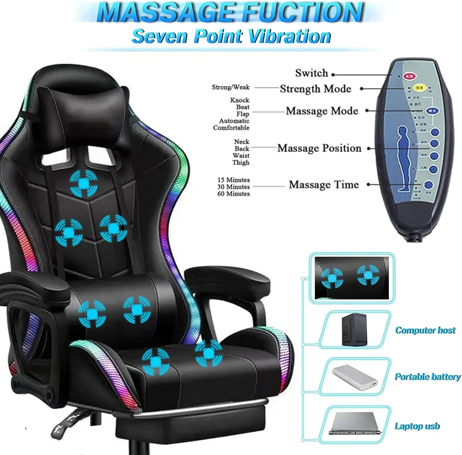 Gaming Chair with Speakers and RGB LED Light, 7 Points Massage Video Game Chair Adjustable with Headrest & Lumbar Support
