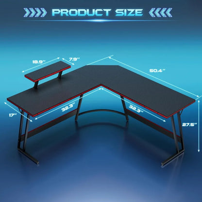 L-Shaped Gaming Desk with Monitor Stand, Large Corner Table for Home Office and Gaming (Black, 51 Inch)