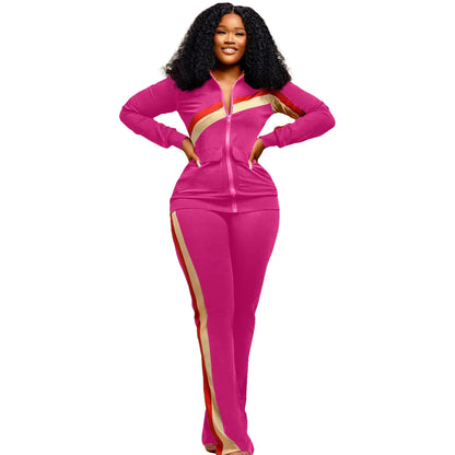 Custom LOGO Spring  Women's Sports Casual Fashion Color-matching Pocket Lapel Zipper Top Straight Pants Two-piece Set S-4XL