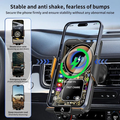 Max 66W Magnetic 15W Car Wireless Charger Fast Charging Auto-Clamping RGB Light Phone Holder Stand Bracket For iPhone Samsung