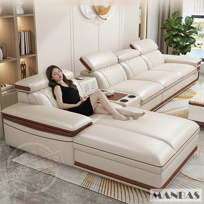 MINGDIBAO Premium Italian Genuine Leather Sofa Set for Living Room with Adjustable Headrests, Bluetooth Speaker, Wireless Charge