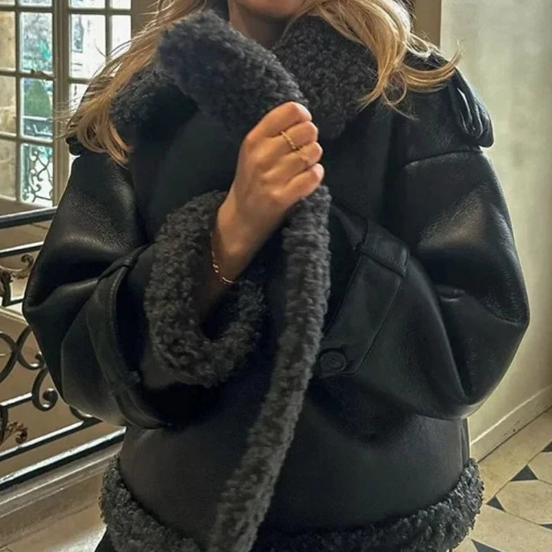 Faux Fur Leather Long Jacket Women Lapel Long Sleeve Belt Thicken Female Coats Winter Fashion Street Patchwork Lady Outwear
