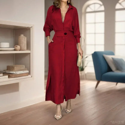 Women Fashion Solid Casual Dress Long Sleeve Office Lady Straight Minimalist Autumn Spring Vintage Elegant Midi Dress with Belt