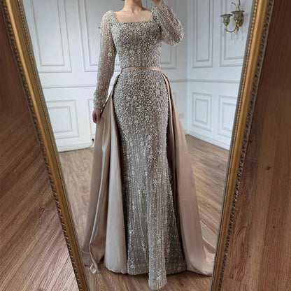 Serene Hill Customized Arabic Caramel Mermaid With Overskirt Beaded Evening Dresses Luxury Gowns For Formal Occasion...