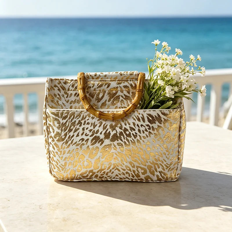 Retro gold-foil leopard print faux bamboo-handle women's tote bag, golden leopard pattern handbag | Kimlud Mid Range Bag