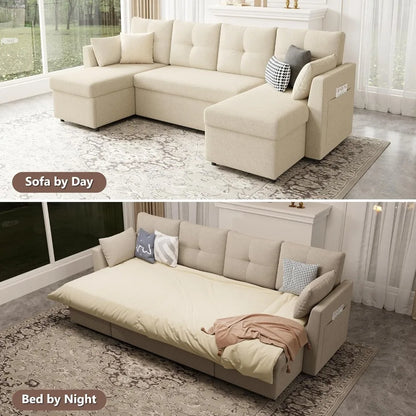 Oversized Sleeper Sofa Couch, 110 inch 2 in 1 Pullout Couch Bed with Double Storage Chaise, Sectional Sleeper Sofa Bed...