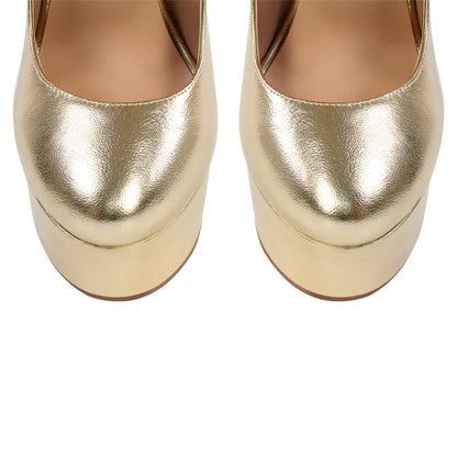 Onlymaker Women Mary-Jane Platform Pumps Gold Chunky 16CM High Heels Ankle Strap Dress Party Plus Size Hoof Heel Shoes