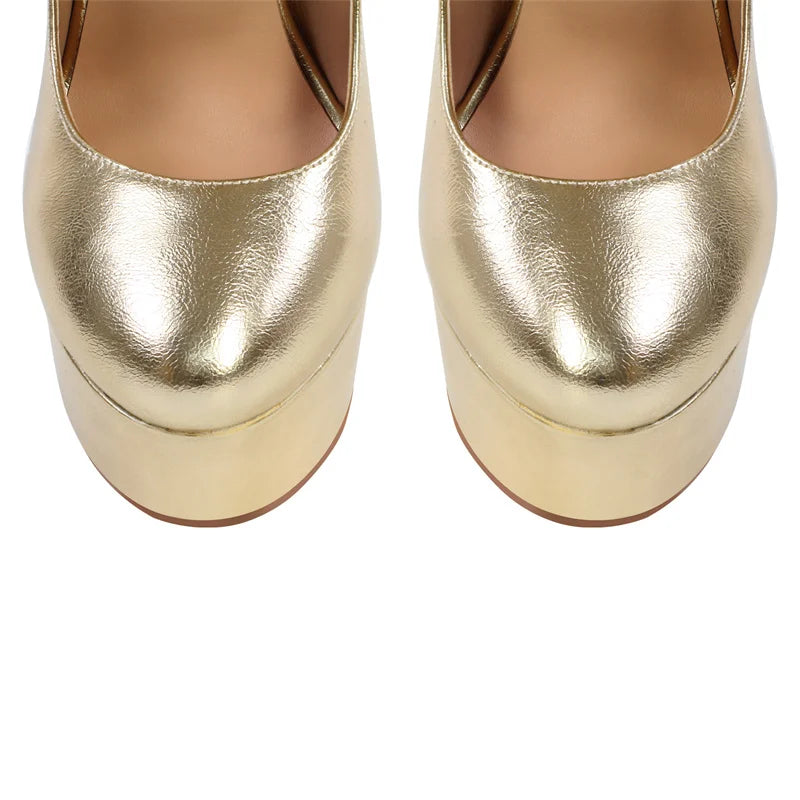 Onlymaker Women Mary-Jane Platform Pumps Gold Chunky 16CM High Heels Ankle Strap Dress Party Plus Size Hoof Heel Shoes