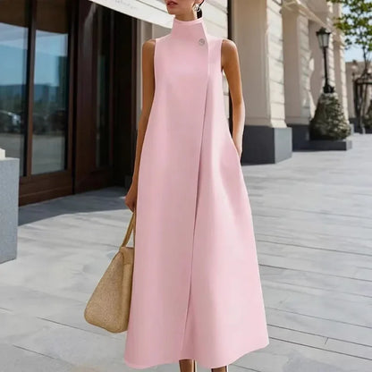 Simple Fashion Single Button High Neck Maxi Dress Women Spring Solid Pocket A-Line Long Dress Summer Sleeveless Bohemian...