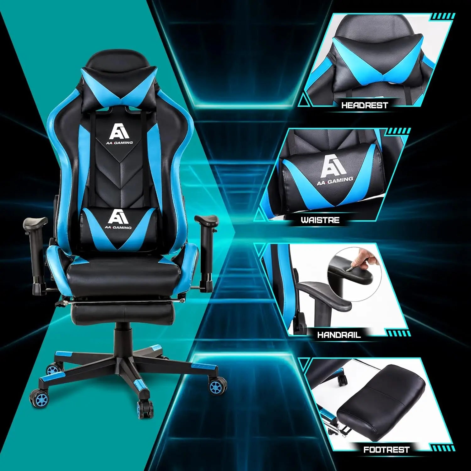 Ergonomic Gaming Chair with High Back, Adjustable Footrest and Lumbar Support - Blue