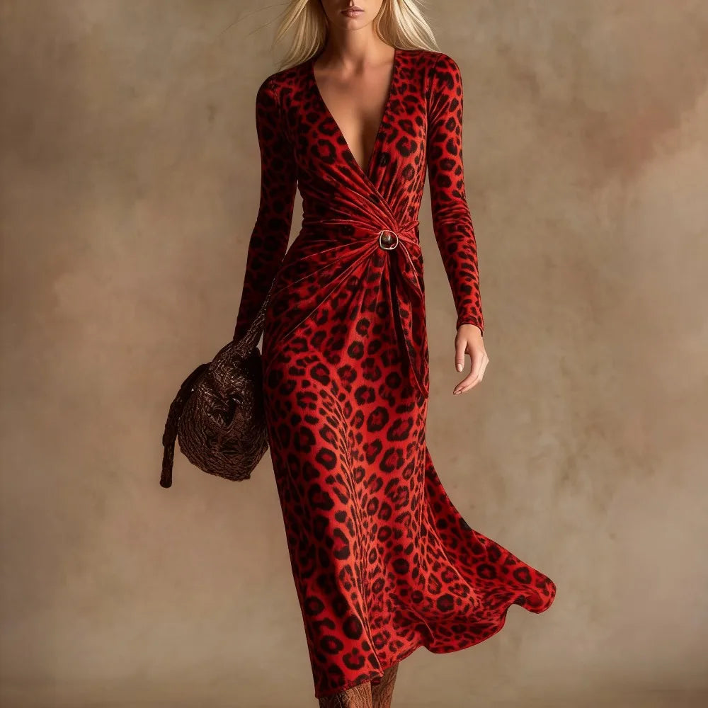 Sexy Leopard Print Velvet Maxi Dress Women Long Sleeve V Neck Twist Front Elegant Cocktail Party Dress Vacation Evening Dress