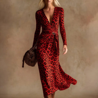 Sexy Leopard Print Velvet Maxi Dress Women Long Sleeve V Neck Twist Front Elegant Cocktail Party Dress Vacation Evening Dress