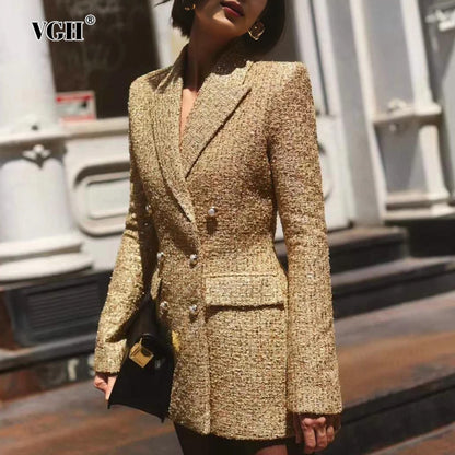 VGH Chic Luxurious Tweed Blazer for Wommen Noched Collar Long Sleeve Patcfhwork Double Breasted Elegant Formal Coat Female New