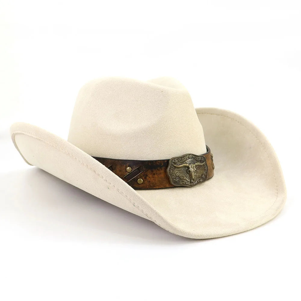 Western Big Brim Cowboy Hat Bull's Head Leather Band Suede Top Hat Outdoor Mens Hats Ladies Party Horse Riding Cowgirl...