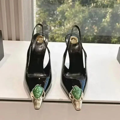 Luxury Metal Jewel Decoration Heels Women 2025 Sexy Pointed Toe Patent Leather Women Pumps Elegant Banquet High Heeled Sandals - Kimlud