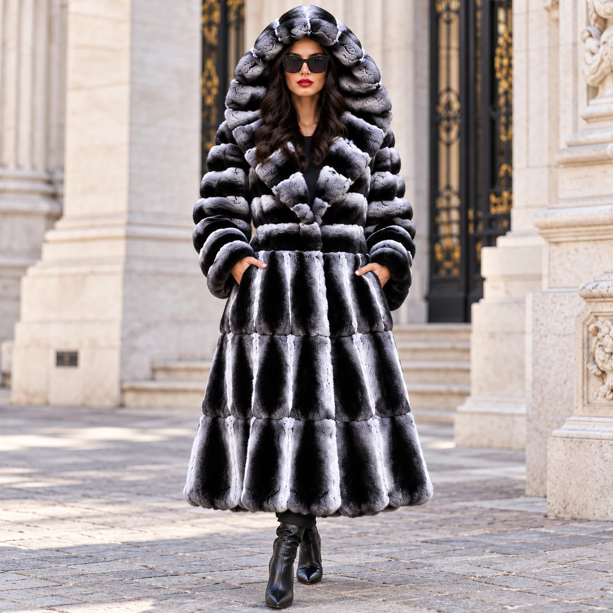 Women's Luxury Long Fur Coat Hooded Black Grey Gradient Winter Warm Thick Plush Jacket Elegant Fashion Outerwear