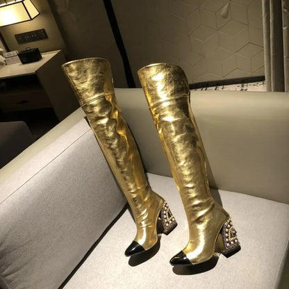 Colored Rhinestone Cowhide Mid Tube/knee Length Boots Thick Heeled Square Toe Black Gold Runway Runway Performance High Heels