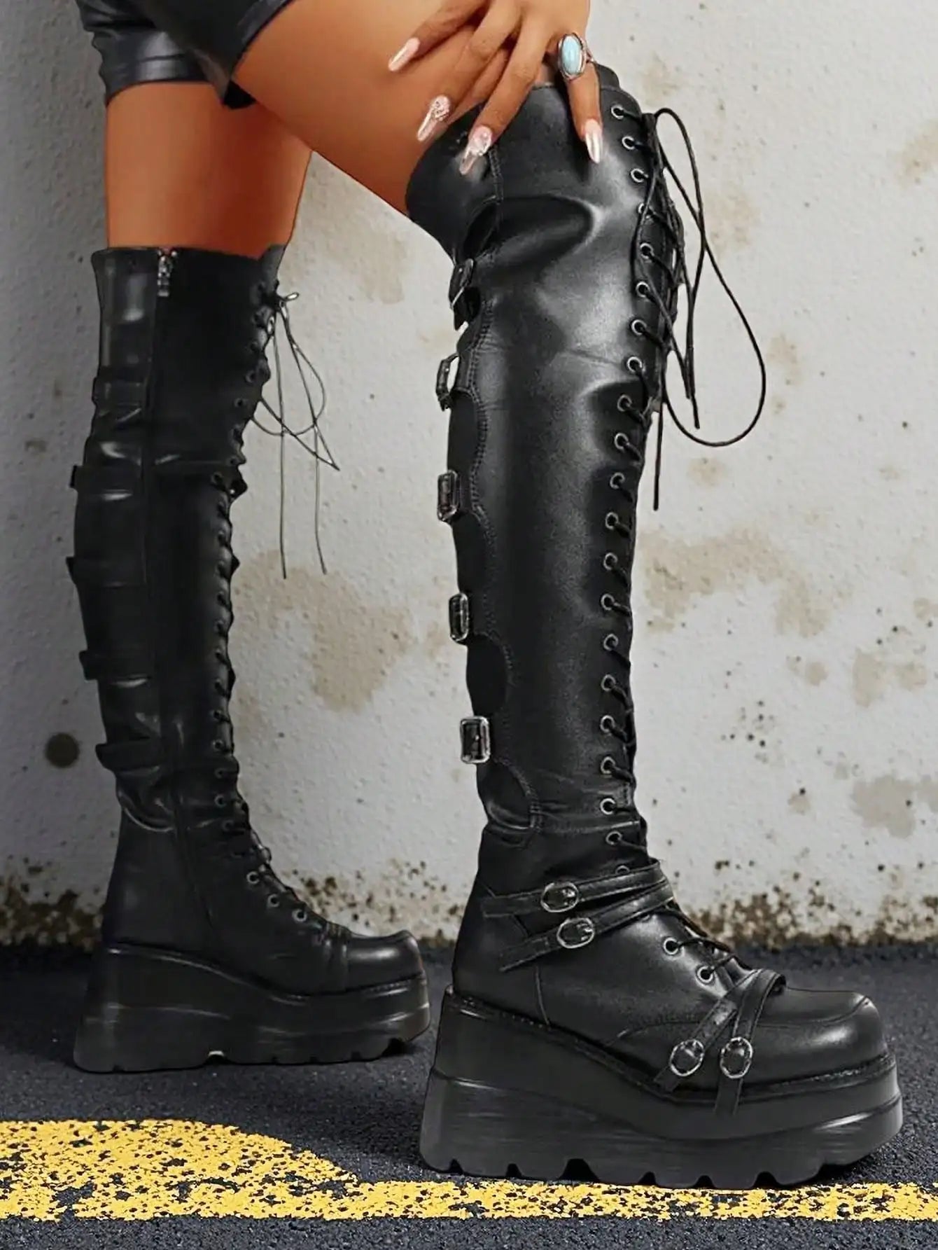 Gothic Over The Knee Boots Y2k Chunky Heel Lace Up Combat Booties Metal Buckle Punk Women Cosplay Holloween Dress Shoes