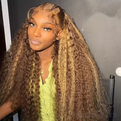 13x6 HD Curly Deep Wave Highlight Human Hair Wigs 250% Colored Honey Blonde Lace Front Wig Wear And Go Glueless Wig 30 34 Inch