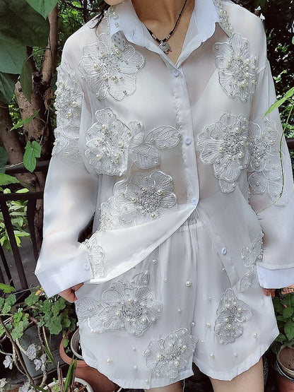 Fairy 3D Flowers Embroidery Sequined Chiffon Shirts Mesh Soliced Pearls Blouses Sunscreen Cardigan Tops+Elastic Shorts...