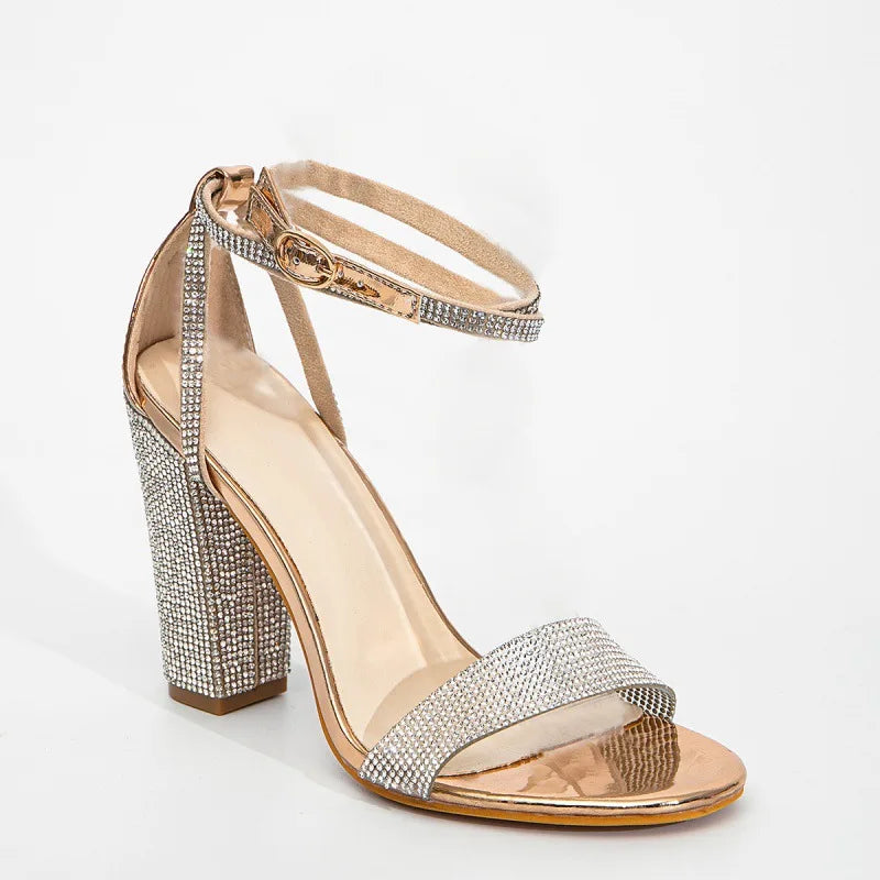2023 New Bling Rhinestone Sandals for Women Thick High Heels Buckle Strap Heels Sexy Elegant Ladies Party Shoes Plus Size 42 - Kimlud